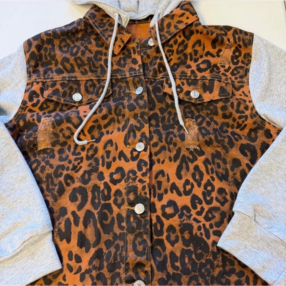 Leopard Print Hoodie Shacket Jacket Women’s Large Boho Baddie Moto Grunge Brown - Picture 3 of 8